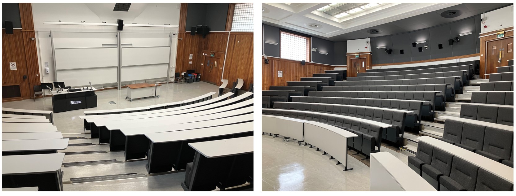 Rows of fixed seats facing teaching wall in lecture theatre.